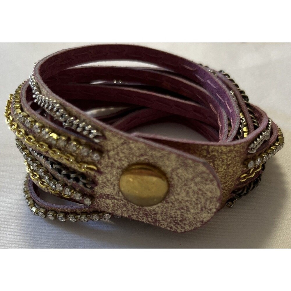 Hato Hasi Pink & Gold Leather Wrap Bracelet with Silver & Gold Tone Chains - Picture 3 of 9
